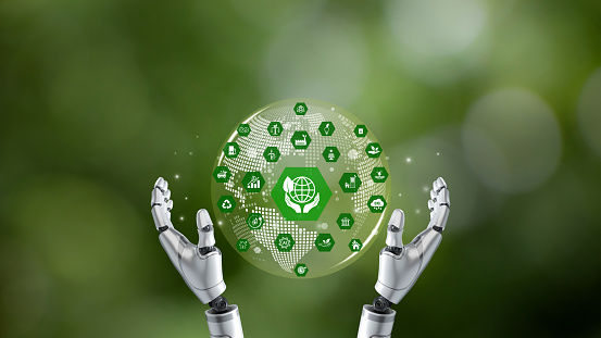 Sustainable and green Technology. AI intelligent system business management and environmental conservation green economy. Environmental technology. Reduced CO2 emissions. ESG. Net Zero. SDGs. Robot.