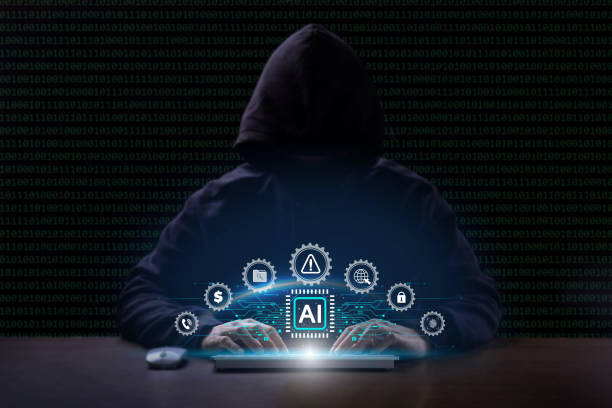 Cyber security and Tech warning or scam concept. Hackers utilize AI (Artificial Intelligence) algorithms to automate attacks, increasing speed, scalability, and sophistication. Ethical Hacking. stock photo
