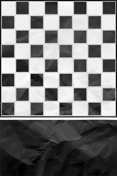 Vector illustration of Vertical empty blank rough textured crumpled wrinkled black and white coloured paper sheet vector background with alternate 64 squares pattern as in chess board with a bottom edge dark border