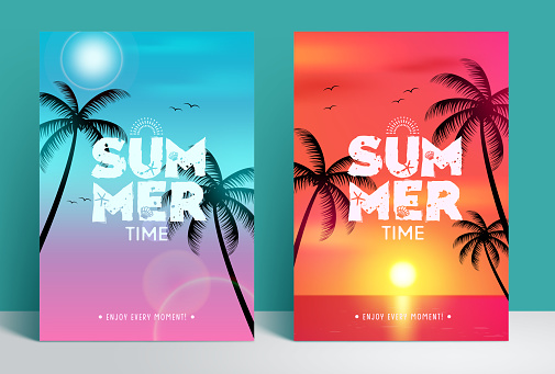Summer time text vector poster set design. Summer time tropical season collection in daytime sunny day and night time background collection. Vector illustration summer time flyers and brochure collection.