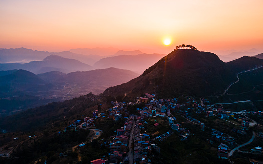 aerial view of gloomy sunset in Bandipur hill , Nepal.