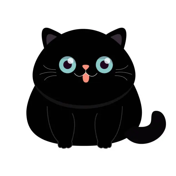 Vector illustration of Cute funny fat cat sitting. Face head silhouette icon. Kitten with blue eyes, showing pink tongue. Cartoon baby character. Funny kawaii pet animal. Sticker print. Flat design. White background.