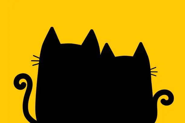 Vector illustration of Cute black cat boy and girl couple silhouette print. Kitten hugging. Cartoon character. Funny kitty set. Happy family. Love card. Valentines day. Flat design. Yellow background.