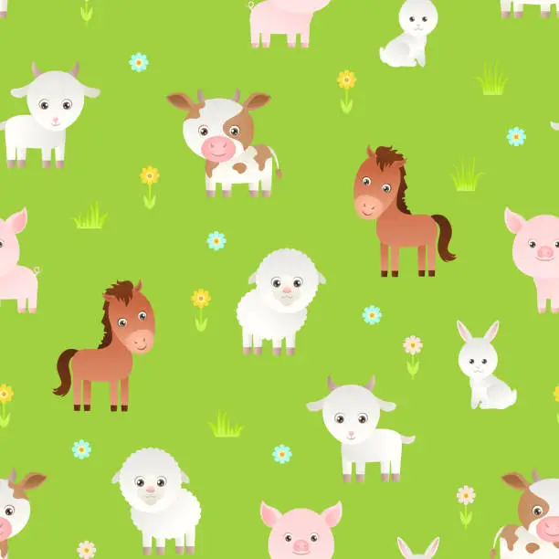 Vector illustration of Seamless pattern with cute farm animals on green meadow. Babies background. Vector cartoon illustration.