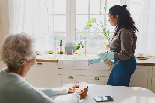 Rare view of elderly lady with gray hair looking at african american housekeeping volunteer helping to clean house, washing kitchen sink with detergent, wearing raisin gloves, talking to each other