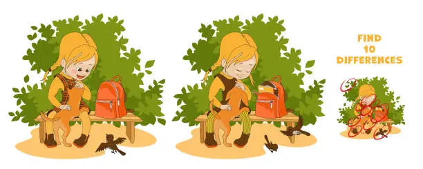 Vector illustration of Find differences. Cartoon illustration of a schoolgirl sitting on a bench and petting a puppy. Attention task for school readiness.
