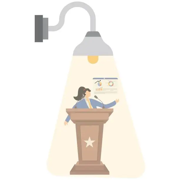 Vector illustration of A bright light is focused on a businesswoman standing on the podium giving a speech