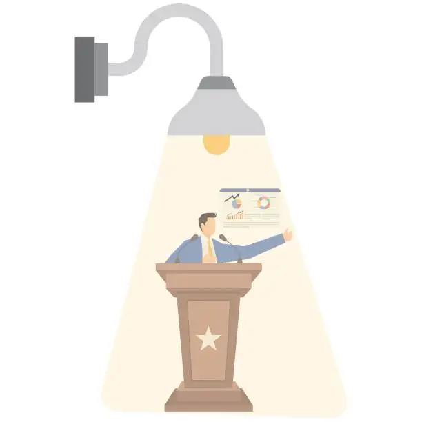 Vector illustration of A bright light is focused on a businessman standing on the podium giving a speech