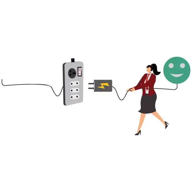 Vector illustration of Businesswoman holding an electric plug pulled out from the socket