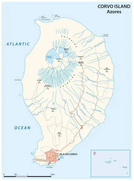 Vector illustration of Road map of the Portuguese Azores island of Corvo