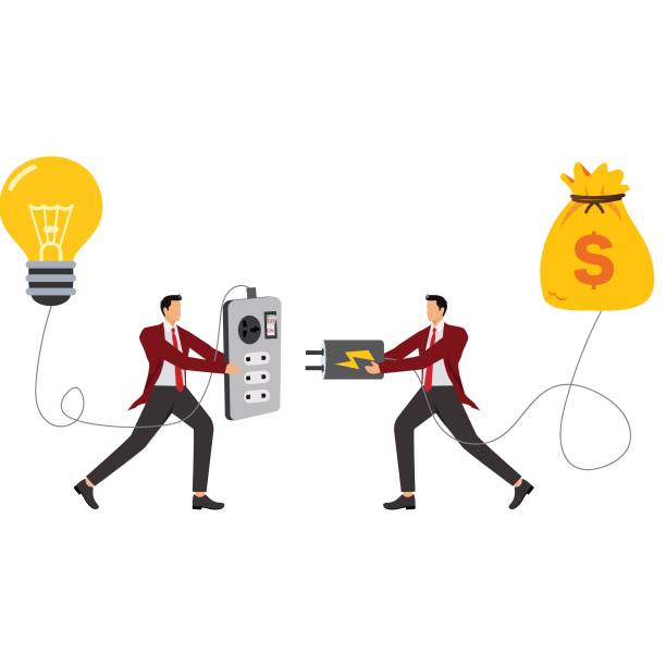 ilustrações de stock, clip art, desenhos animados e ícones de two businessmen holding huge wired power plugs and sockets ready to make connections for money and ideas - electric plug electricity women power