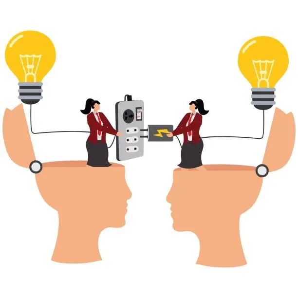 Vector illustration of Two businesswomen holding huge wired power plugs and sockets are ready to make connections of ideas, Brainstorming concepts