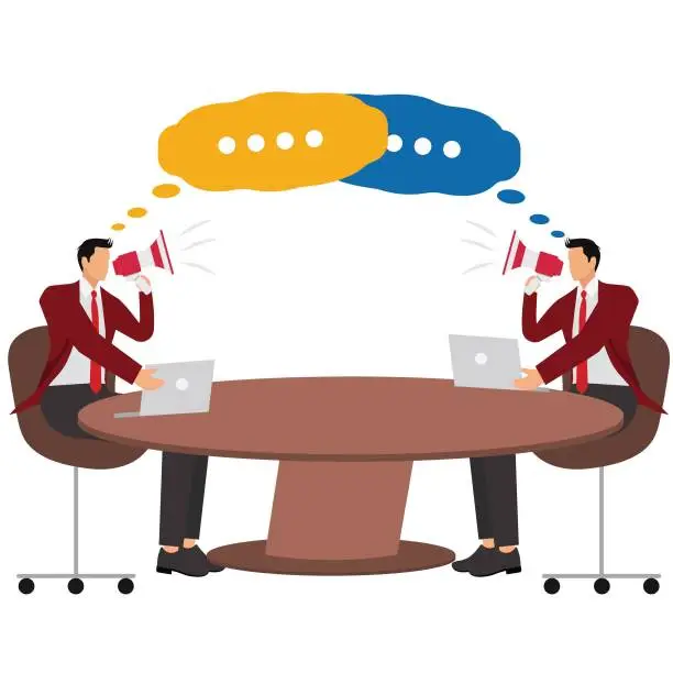 Vector illustration of Two businessmen sitting at the long conference table and discussing with megaphone