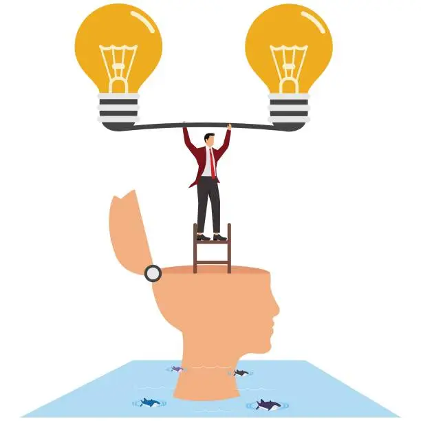 Vector illustration of Businessman from giant man's opened head lifting up two idea light bulb