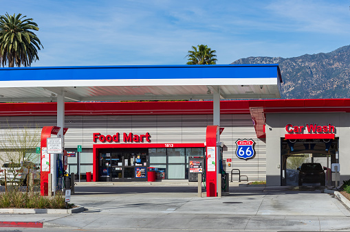 Pasadena, California, United States: modern Mobil gas station shown on former Route 66, now Colorado Boulevard, in the City of Pasadena, Los Angeles County.