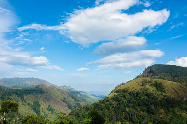 The distant mountains and blue sky with white clouds
