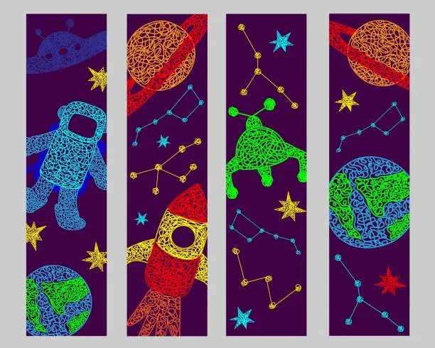 Vector illustration of Set bookmarks with hand drawn stars, flying sauer, planet, mars rover, rocket, earth planet,constellations on purple background in childrens naive style.
