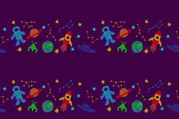 Vector illustration of Seamless border with hand drawn stars, flying sauer, planet, mars rover, rocket, earth planet,constellations on purple background in childrens naive style.