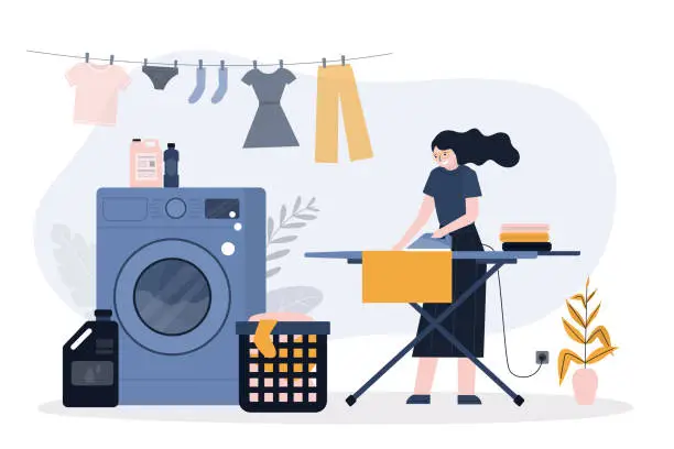 Vector illustration of Beauty woman irons clean linen. female character does household chores - washing, ironing, cleaning home. Housekeeping, cleaning service. Washing process, laundry service