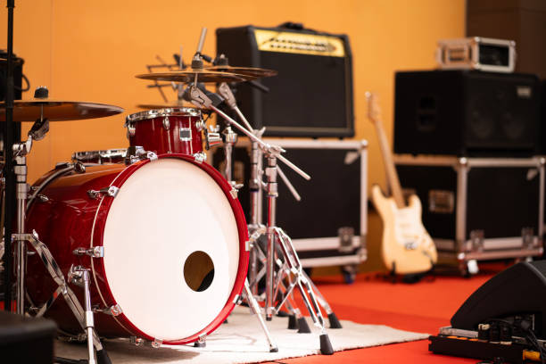 Complete set of red drums in the studio music concept.