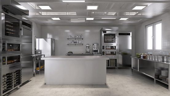 Wide angle view of a clean commercial kitchen at a restaurant - Professional Cooking School