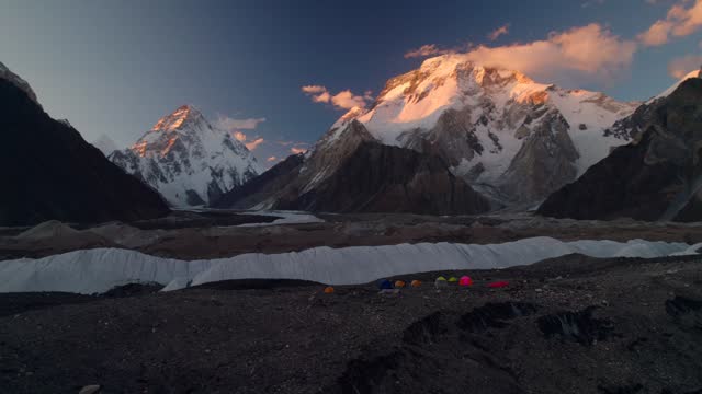Aerial view of K2 and Broadpeak at sunset view from Concordia camp, Karakoram mountains range in Pakistan
