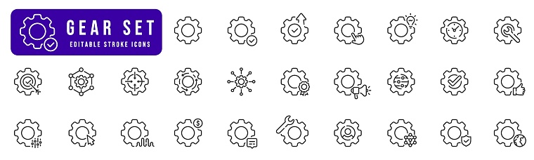 Cogwheel gear, settings icon set. Preferences; configuration, cog, wheel, wrench etc linear icon