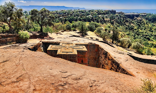 The Rock-Hewn Church of Saint George (Biete Ghiorgis), the best known of the the eleven monolithic churches of Lalibela, Ethiopia