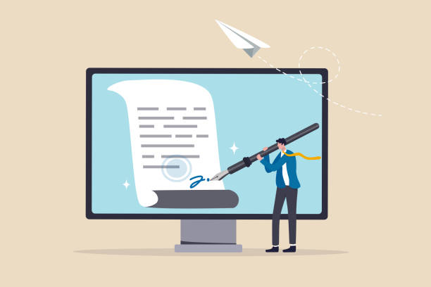 Digital signature or electronic agreement contact, online document signing, internet transaction identity, certified handwriting application concept, businessman signing digital signature on computer. Digital signature or electronic agreement contact, online document signing, internet transaction identity, certified handwriting application concept, businessman signing digital signature on computer. writing email stock illustrations