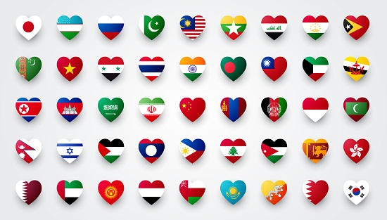 Heart Shaped Asia Flag Set. Icons With Asian Flags.