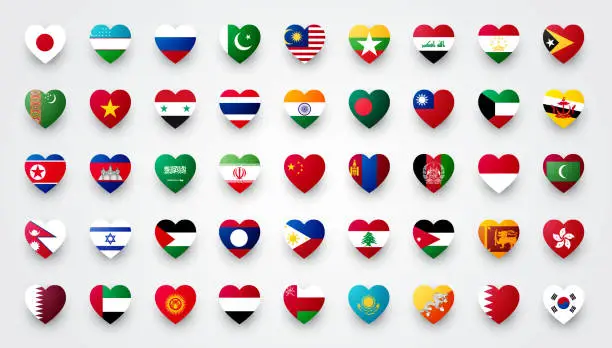 Vector illustration of Heart Shaped Asia Flag Set. Icons With Asian Flags.