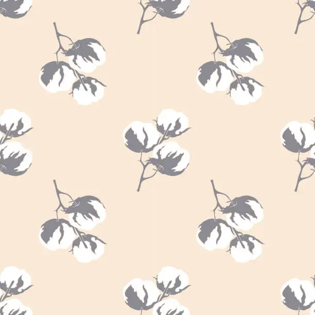 Vector illustration of Seamless pattern of Cotton branch with bud flowers on pastel background.