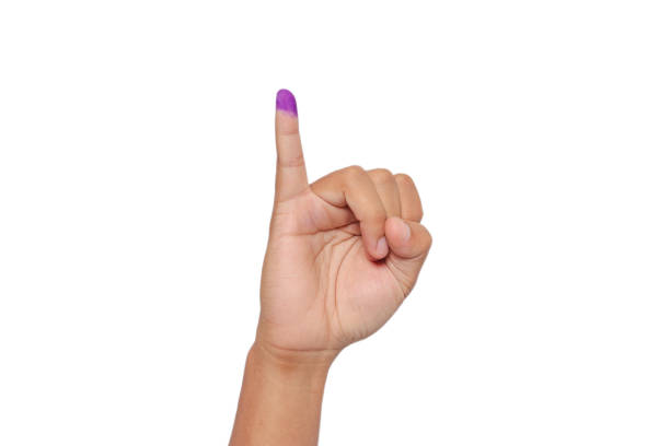 Close up of hand gesture little finger after voting. General elections or Pemilu for the president and government of Indonesia. The finger dipped in purple ink. Isolated image on white background stock photo