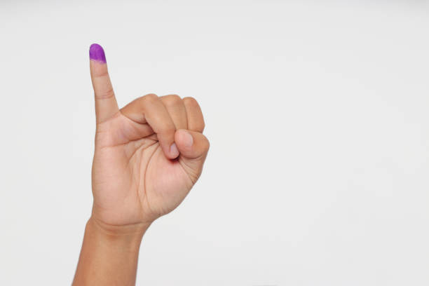 Close up of hand gesture little finger after voting. General elections or Pemilu for the president and government of Indonesia. The finger dipped in purple ink. Isolated image on white background stock photo