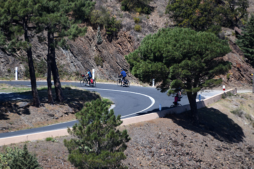 The are two cyclists riding along the road, in an incline. There is another cyclist are stopped under a tree on the curve of a road. There is a hillside above them and below. The stretch of road is near Portbou (Spain) near Cerbere (France) on French Spanish border