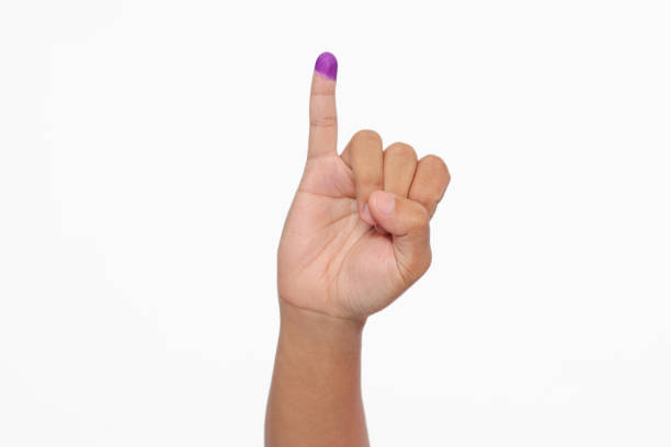 Close up of hand gesture little finger after voting. General elections or Pemilu for the president and government of Indonesia. The finger dipped in purple ink. Isolated image on white background stock photo