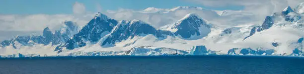 Photo of Wide parorama of the mountain range of the Antarctic peninsula, Paradise Bay, Gerlach Straight, Antarctic mainland.