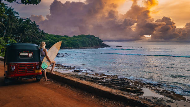 Surfing in Sri Lanka, Hiriketiya. stock photo