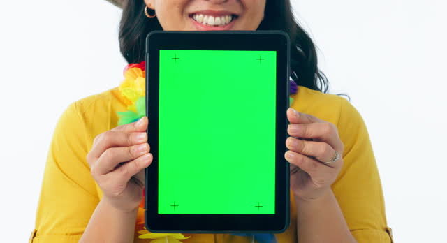 Green screen, tablet and hands of woman in studio with sign up, news or platform offer on white background. Digital, space and female model show app for travel, blog or location, search and booking