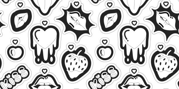 schwarz-weißes nahtloses vektormuster von erdbeere, herz, kuss, lippen. liebe und leidenschaft. verspieltes, lustiges design mit schwarzer umrandung - passion kissing black white stock-grafiken, -clipart, -cartoons und -symbole