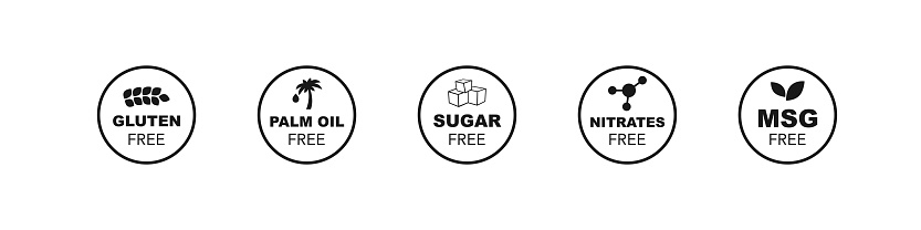 Gluten, palm oil, sugar, nitrates, msg free vector icon. Natural nutrition food stamp set.