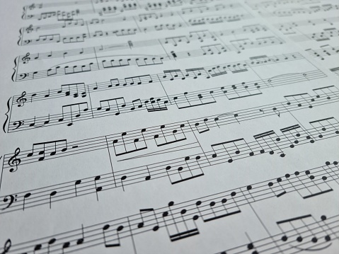 A closeup shot of details on a music sheet with notes