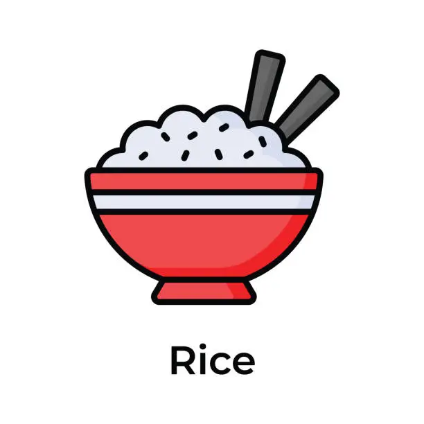 Vector illustration of Chinese rice in a bowl with chopsticks, editable icon of rice bowl.