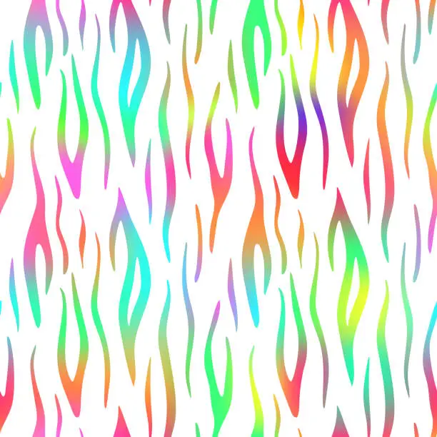 Vector illustration of Trendy Neon Tiger seamless pattern. Vector rainbow wild animal skin textured background, rainbow gradient stripes on white background print. Abstract jungle safari texture for wallpaper, design, decor
