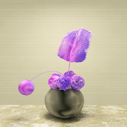 Still life with a beauty tech ikebana, sustainability and green tech concept or art of data visualization,  3d render.