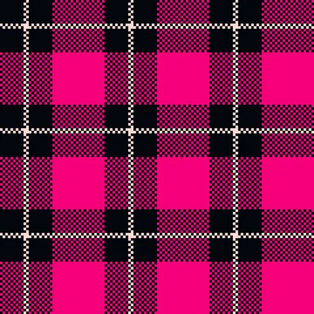 Vector illustration of Buffalo Plaid seamless patten. Vector checkered pink plaid textured background. Traditional gingham fabric print. Flannel winter plaid texture for fashion, print, design.