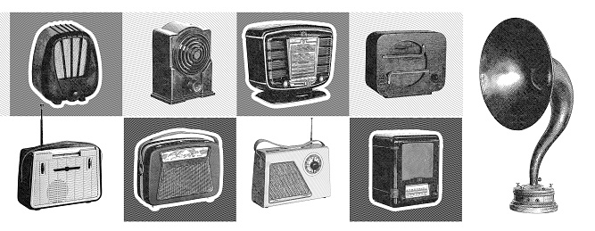 A set of retro radios, in gray color r, with an antenna and knobs for tuning the wave, retro equipment for listening to music, Made in the technique of engraving
