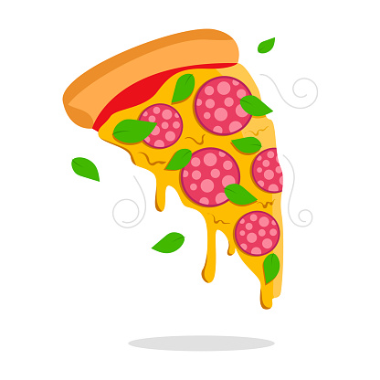 Juicy slice of pepperoni pizza with melty cheese, crispy crust and fresh basil leaves. Vector graphic.