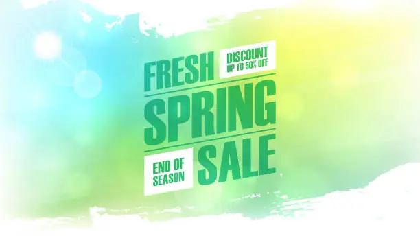Vector illustration of Fresh Spring Sale. Springtime season commercial background with spring sun, blurred colors and white brush strokes for business, seasonal shopping promotion and sale advertising.