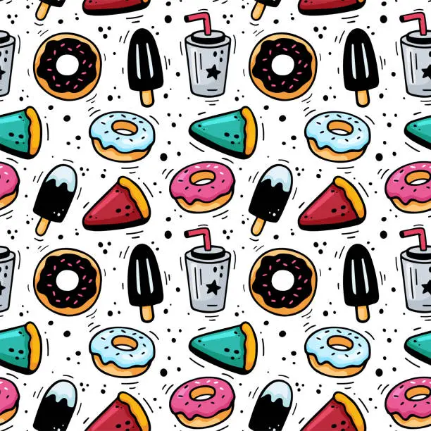 Vector illustration of Hand drawn fast food desserts seamless pattern. Sketch of sweet snack elements. Fast food illustration in doodle style